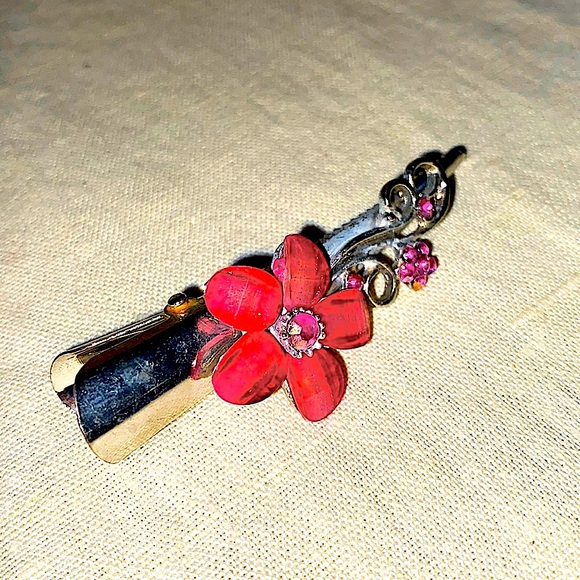 Set of 2 small hair clips. Rhinestone, floral design. - Picture 3 of 4